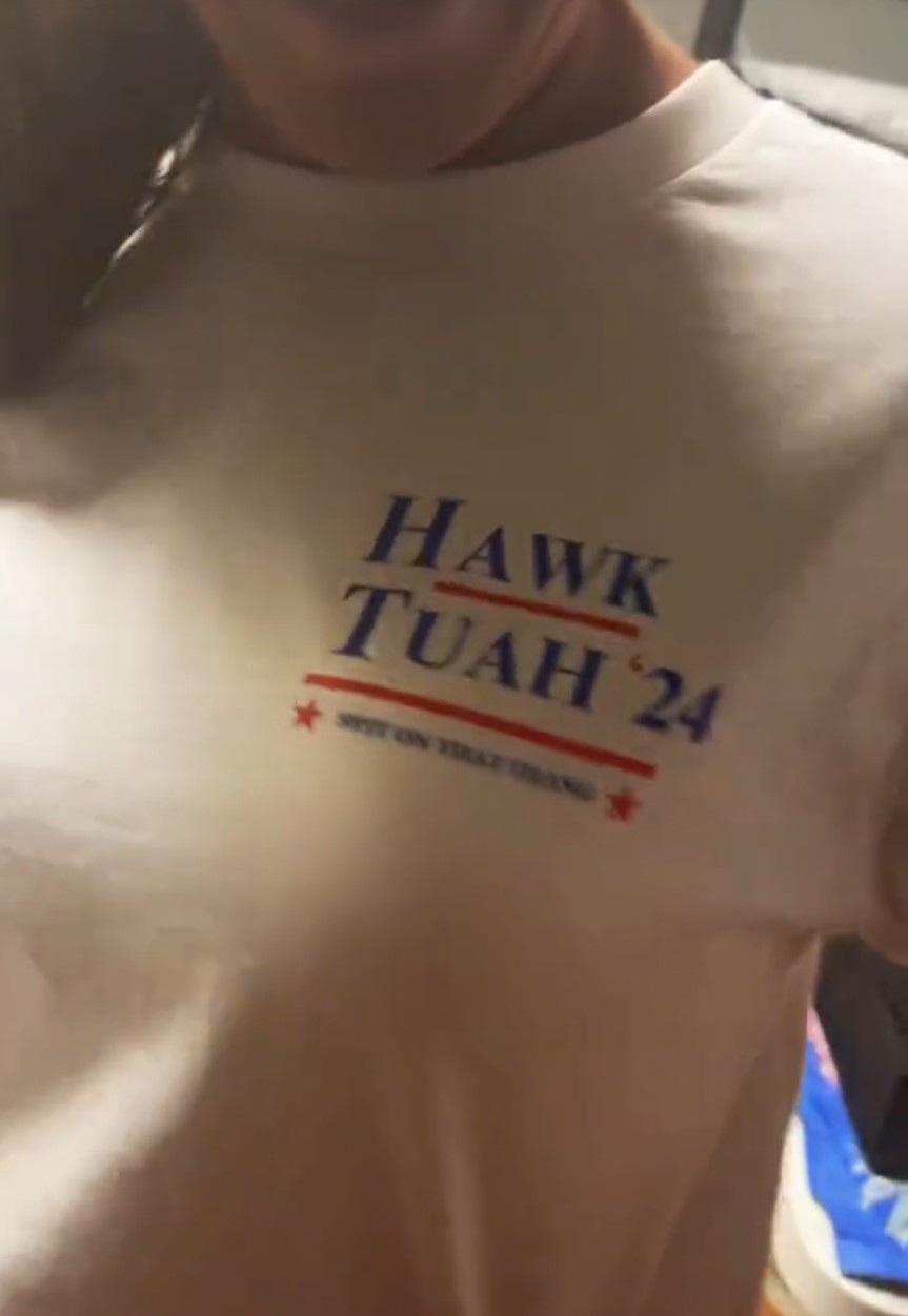 Hawk Tuah 24, spit on that thang! back shirts.